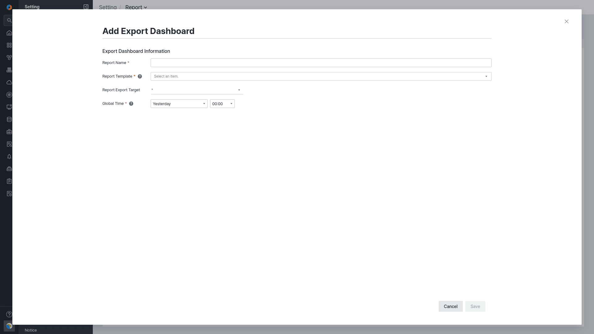 Add Export Dashboard 팝업