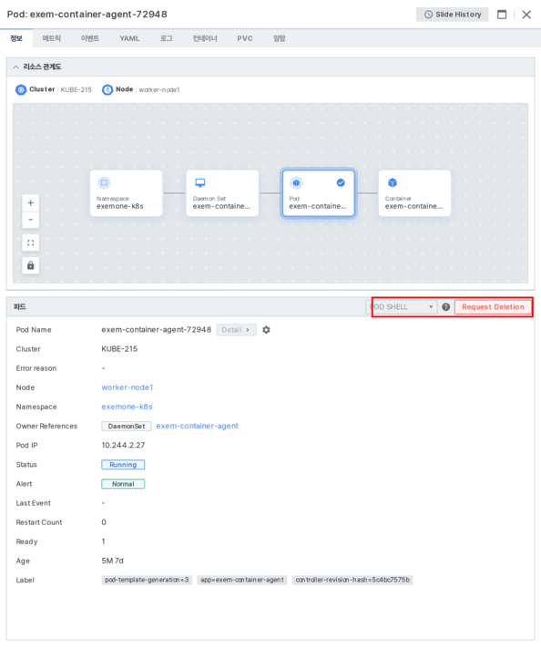 Pod Detail의 POD SHELL · Request Deletion