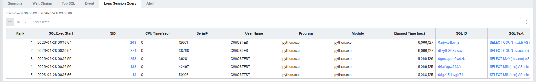 Long Session Query 탭