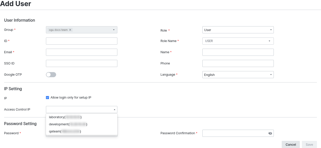 Add User 화면의 IP Setting 영역